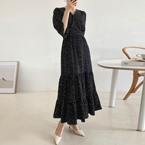 티탁 여성용 빅사이즈 데일리 브이넥 A라인 프릴 똑딱이 도트 패턴랩 롱원피스