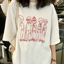 묘먀미 여성용 피플 일러스트 루즈핏 반팔 티셔츠 MMM072
