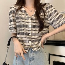 앤드스타일 여성용 자수 스트라이프 반팔 블라우스 260855
