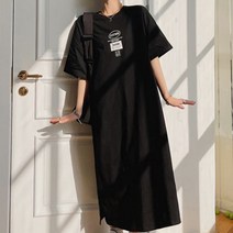페이퍼먼츠 라운드넥 데일리 박시한 레터링 트임 여름 롱 원피스 00488