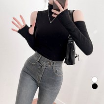 밀키버터 여성용 속기모 숄더 트임 워머 폴라 긴팔 티셔츠