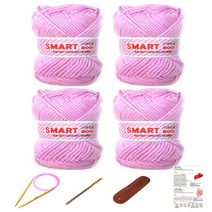 행복뜨기 스마트울 털실 뜨개실 4p + 대바늘 6mm + 돗바늘 + 가죽라벨 + 목도리도안, 2802 핑크, 1세트