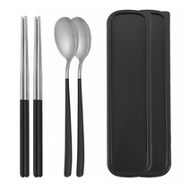 리브문 휴대용 도시락 젓가락 수저 (1+1) 2개 세트, 젓가락(4p) + 수저(2p) + 케이스(2p), 블랙
