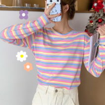 나루니 W03832 레인보우 핑크 줄무늬 스프라이트 긴팔티 여성긴팔티 긴팔티셔츠 라운드넥 예쁜 사은품증정
