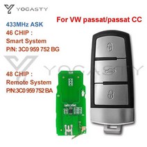 자동차 문리모컨 원격시동 스마트폰 경보기 YOCASTY3C0959752BA 3 버튼 434MHz 원격 키 20042015 VW Passat B6 3C B7 Magotan CC ID, 48Chip-Remote System