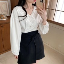 코지23 여자 보석버튼 프릴 레이스 브이넥 숙녀 블라우스
