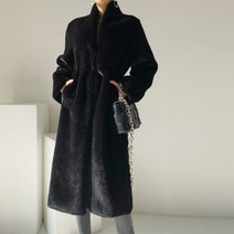 스탠다드 블랙 슬림 밍크 페이크퍼 롱코트 스탠드 칼라 모피 퍼 코트