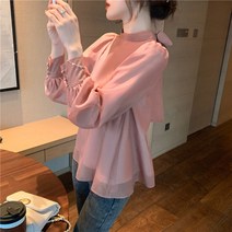 차이나카라 루즈핏 백리본 화이트 쉬폰 블라우스 여성 봄 러블리 패션 코디 셔츠