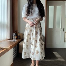 퍼니걸스 6404 밴딩 쉬폰 플라워 플레어 롱 스커트 여성의류
