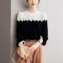 Amaethon 가을 여성 블라우스 상의 퍼프소매 레이스 셔츠