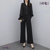 여성 넥리본 쉬폰 블라우스 와이드 정장 팬츠 봄 상하셋트