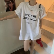 레터링 프린트 반팔 티셔츠 여여름 루즈핏 캐주얼 날씬해 보이는 미디엄 롱 반팔 화이트 상의