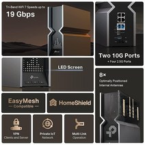 TP-Link Tri-Band BE19000 Wi-Fi 7 라우터 (Archer BE800) | 12-스트림 19Gbps 10G 2개 + 2.5G 포트 4개 LED 스크린 고성능