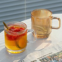 플리츠 손잡이 유리컵 투명 글라스 냉커피잔 주름, 브라운