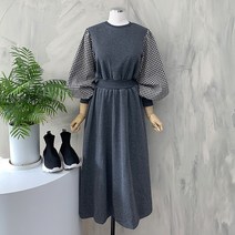 로디 고방 체크 벌룬 퍼프 밴딩 기모 롱 원피스