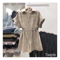 티피여성 여름 캐주얼 허리스트링 칼라넥 버튼 라지 얇은 반팔 점프슈트