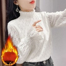 겨울 하객룩 블라우스 솔리드 컬러 플로킹 플러스 벨벳 레이스 바닥 셔츠 긴팔 가을 세미 하이넥 풀오버 s-3xl