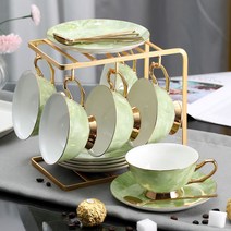 Z3JC 유럽식 세라믹 심플 커피잔 세트, 석문청, 6컵 6접시 6스푼 U선반 택배입