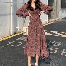 트루픽 봄 가을 여성 플라워 롱 브이넥 폴리츠 주름 A라인 샤랄라 원피스 2color