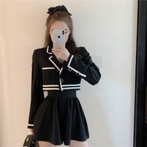 패셔너블한 세트 여자 컬러 배색 쇼트 긴팔 정장 코트 하이웨이스트 주름 여성 플라워 셔츠 라운드 블라우스 세트 스커트 V넥