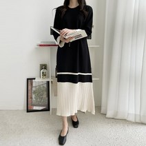 유야 여성용 빅사이즈 4컬러 링클프리 배색 주름 긴팔 플리츠 롱 원피스 하객룩 임부복 데일리룩 캐주얼 OP0131루즈핏 오버핏 여성의류 봄 가을