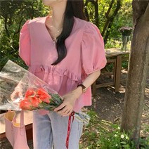 베이비돌 셔링 브이넥 코튼 블라우스 여름티셔츠 핑크 화이트