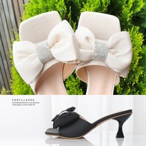 바닐라슈 레이즌 큐빅 쉬폰리본 코팅굽 뮬 슬리퍼(7cm)