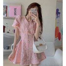퐁순싸롱 플라워 꽃무늬 자수 퍼프 반팔 보석 미니 원피스 SY