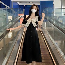 빅 사이즈 기질 블랙 스커트 봄여름 리본 스퀘어넥 여성 원피스