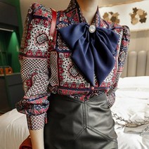 H 한 여왕 겨울 우아한 보우 블라우스 여성 2020 새로운 한국 스타일 캐주얼 빈티지 인쇄 셔츠 간단한 사무복 작업 탑스