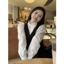 블랙 브이멜빵원피스 여성 봄계절 2023 프렌치 스윗 주름 허리보정 A라인 짧은