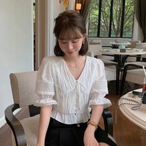 화이트블라우스 라이브 전유 반팔셔츠 순색 열 페플럼 벌룬소매 여성 시크 상의 2443998850