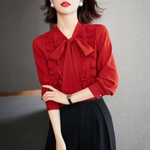 넷투넷코리아 여성 V넥 프릴 리본 러블리 쉬폰 블라우스 오피스룩