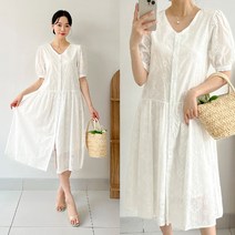 퍼니걸스 7170 브이넥 레이스 펀칭 자수 퍼프 반팔 롱 원피스