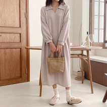 퍼니걸스 5734 루즈핏 카라 무지 트임 니트 롱 원피스 여성의류