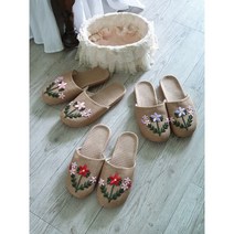 빈티지 자수 린넨 실내화 여성 슬리퍼, 핑크