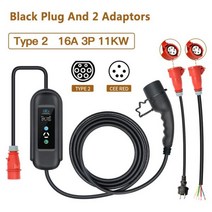 전기차 충전 케이블 변환 11kw 16A 3 상 전기 자동차 Ev 유형 2 조정 가능한 홈 월 박스 5M 케이블 CEE 레, [01] Black Add 2 Adaptors