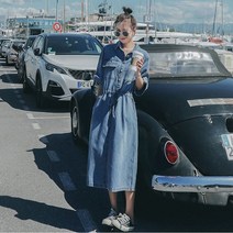 [셀럽비아] 소매롤업 허리 스트링 데님 원피스