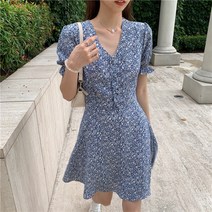 잇츠스타일 v넥 블루 잔꽃 플라워 쉬폰 미니원피스