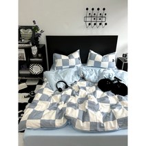 블루 체커보드 사계절 이불커버 더블 퀸 킹 레트로 감성 침구 인테리어 원룸 방 꾸미기