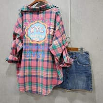 체크 오버핏 프린팅 레터링 롱셔츠 난방 칼라셔츠