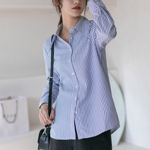 오버클래쓰 여성 스트라이프 긴팔 카라넥 셔츠 심플 블라우스