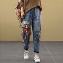 봄 여름 가을 캐주얼 귀여운 소녀 캐릭터 자수 빈티지 밴딩 데님팬츠