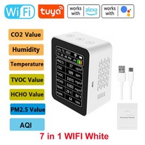 공기질측정기 휴대용 이산화탄소검출기 Tuya-WiFi 지능형 공기질 감지기 PM2.5 CO2 TVOC HCHO 온도 습도 AQ, 01 7 in 1 WIFI White