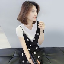 도트원피스 여름옷 여성의류 유럽 상품 스타일리쉬 하프기장 끈나시 슬립 페이크투피스 2958047086