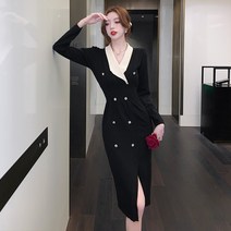 넷투넷코리아 여성 미디 니트원피스 카라넥 슬림핏 트임 하객룩