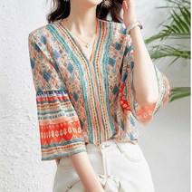 2023 멋진 새 스타일 쉬폰 여름 v 넥 플레어 슬리브 꽃 우아한 블라우스