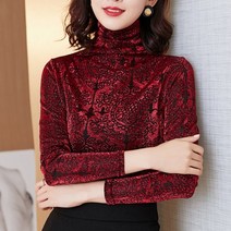 에블 대박걸 고져스 패턴 은은한 반짝이 펄 목폴라 여성 미시 블라우스 슬림핏 티셔츠 3color M-4XL