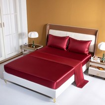 레이온 침대 시트 세트 장착 높이 35cm 퀸 킹 플랫 단색 침구 세트, Wine red