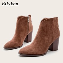 Eilyken-인조 스웨이드 앵클 부츠 하이힐 사이드 지퍼 하이탑 블록 힐 쇼트 웨스턴 카우보이 부츠 가을 2022 앵글 겨울 가죽 워커 발편한어그 웨스트 락포트